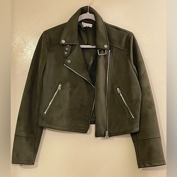 TOPSHOP NWOT George Faux Suede Biker Jacket in Olive Green - Picture 5 of 8